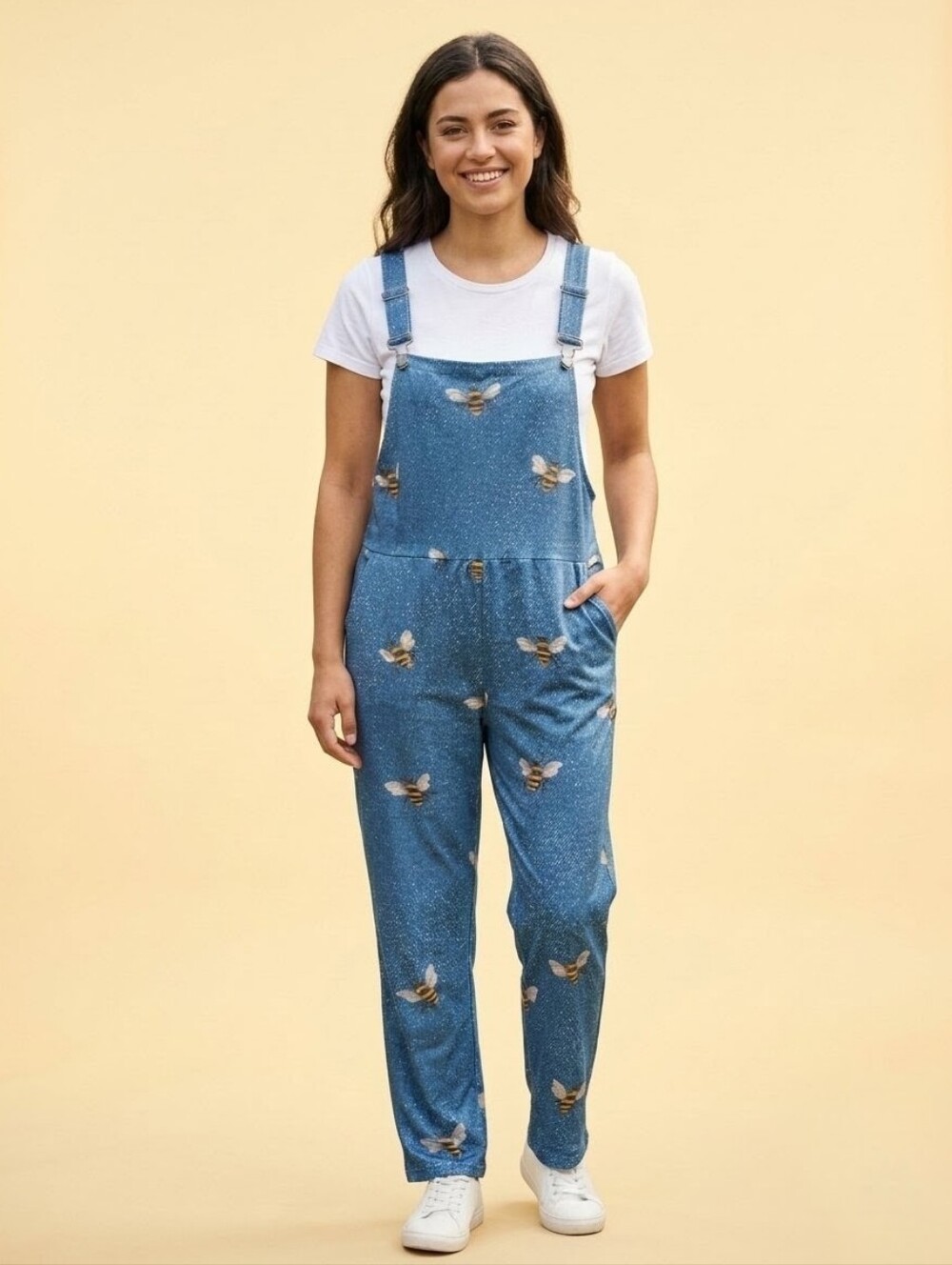 Bee Print Dungaree Overalls Jumpsuit Size Medium Blue Stretch Casual Romper